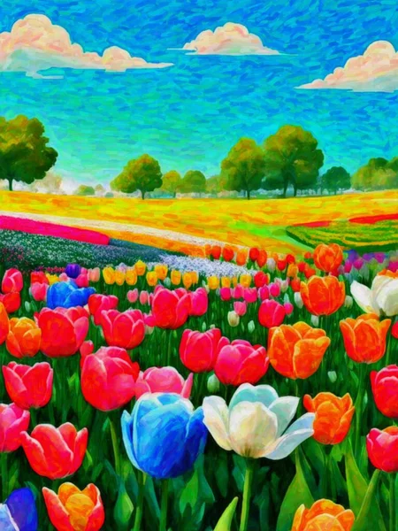 Original watercolor painting of colorful tulip field in the meadow, Spring landscape. Modern Impressionism. Hand-Drawing.