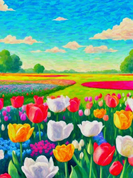 Original Akvarell Målning Färgglada Tulpanfält Ängen Spring Landskap Modern Impressionism — Stockfoto
