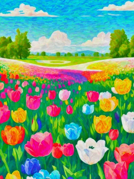 Pintura Aquarela Original Campo Tulipa Colorido Prado Paisagem Primavera Impressionismo — Fotografia de Stock