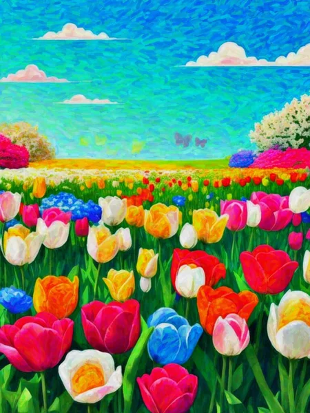 Originální Akvarel Malby Barevného Tulipánového Pole Louce Jarní Krajina Moderní — Stock fotografie