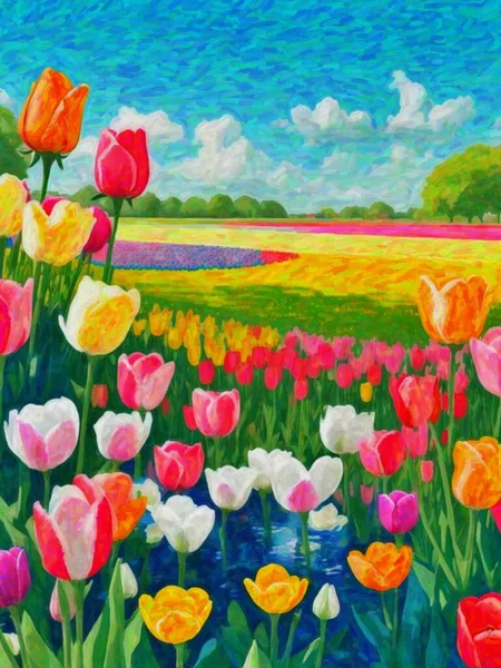 Original Watercolor Painting Colorful Tulip Field Meadow Spring Landscape Modern — Stock Photo, Image