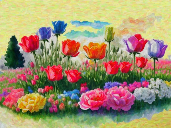 Pintura Aquarela Original Campo Tulipa Colorido Prado Paisagem Primavera Impressionismo — Fotografia de Stock