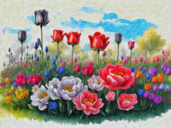 Original watercolor painting of colorful tulip field in the meadow, Spring landscape. Modern Impressionism. Hand-Drawing.