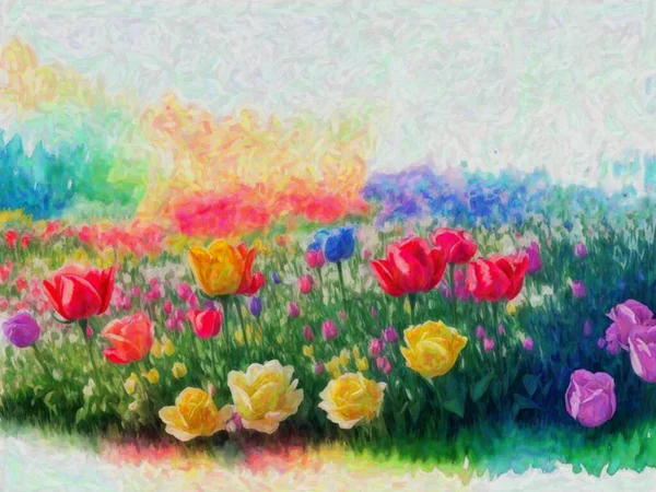 Оригинальная Акварельная Живопись Красочного Тюльпанового Поля Лугу Весенний Пейзаж Современный — стоковое фото