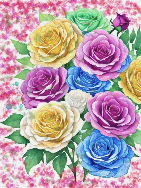 カラフルな背景にカラフルなバラの水彩画 手描き — ストック写真