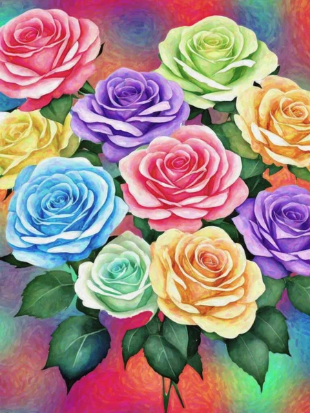 Υδατογραφία Ζωγραφική Πολύχρωμα Τριαντάφυλλα Πολύχρωμο Φόντο Χειροποίητο — Φωτογραφία Αρχείου