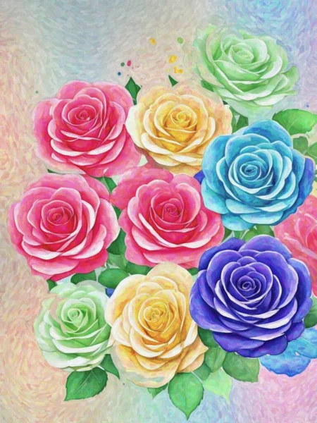 Pintura Aquarela Rosas Coloridas Sobre Fundo Colorido Desenhado Mão — Fotografia de Stock