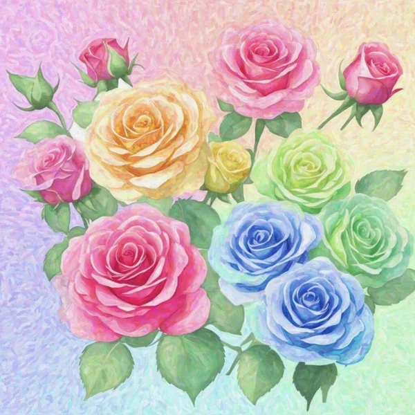 Υδατογραφία Ζωγραφική Πολύχρωμα Τριαντάφυλλα Πολύχρωμο Φόντο Χειροποίητο — Φωτογραφία Αρχείου