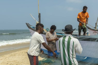 Benaulim Sahili, Goa - Hindistan. Nisan, 06 2023. Balıkçılar avlarını başıboşlardan kıyıya boşaltıyor. Balıkçılar balıkları türlerine ve büyüklüklerine göre titizlikle ayırırlar..