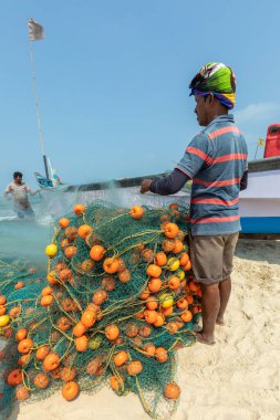 Benaulim Sahili, Goa - Hindistan. Nisan, 06 2023. Balıkçılar avlarını başıboşlardan kıyıya boşaltıyor. Balıkçılar balıkları türlerine ve büyüklüklerine göre titizlikle ayırırlar..