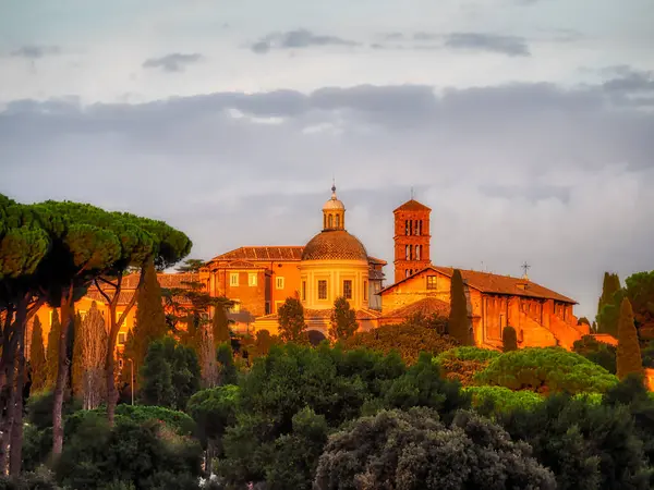 View of the castle and gardens in Rome at sunset, Italy