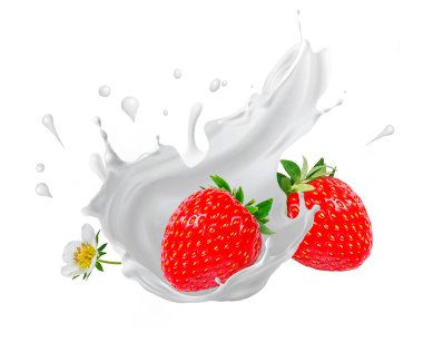 Düşen olgun çileklerden dökülen yoğurt, süt ve dondurma.