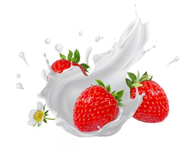 Düşen olgun çileklerden dökülen yoğurt, süt ve dondurma.