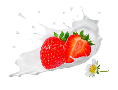 Damla damla yoğurt, süt, olgun dondurma, yalıtılmış çilek.