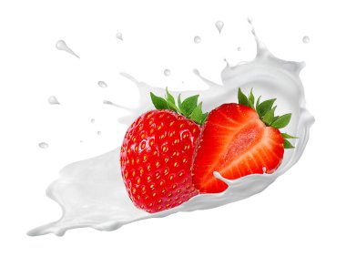 Damla damla yoğurt, süt, olgun dondurma, yalıtılmış çilek.