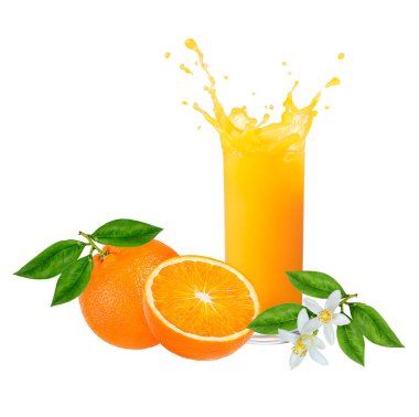 Portakal meyvesi i ve portakal suyu, sıçrama, beyaz arka planda izole