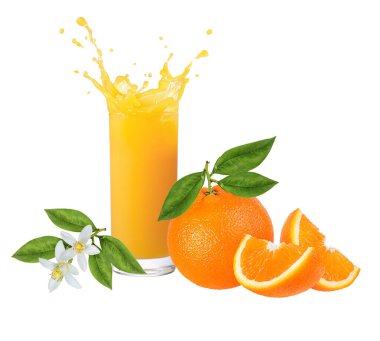 Portakal meyvesi i ve portakal suyu, sıçrama, beyaz arka planda izole