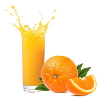 Portakal meyvesi i ve portakal suyu, sıçrama, beyaz arka planda izole