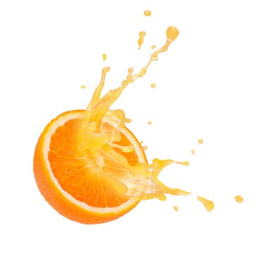 Portakal meyvesi i ve portakal suyu, sıçrama, beyaz arka planda izole