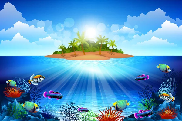 deniz manzara, ada ve mercan derin suda