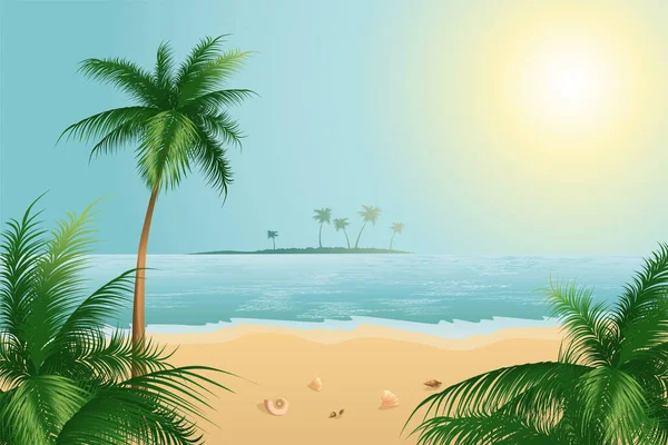 Palmiye ağaçları ve parlak güneşli bir plajın vektör çizimi