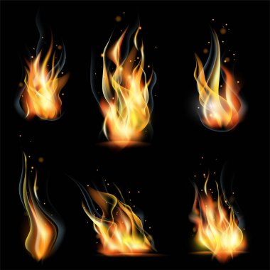 Siyah arkaplanda ateşin gerçekçi vektör koleksiyonu