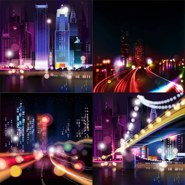 Krásné Okouzlující Město Noční Pohled Vektorové Ilustrace Kolekce — Stockový vektor