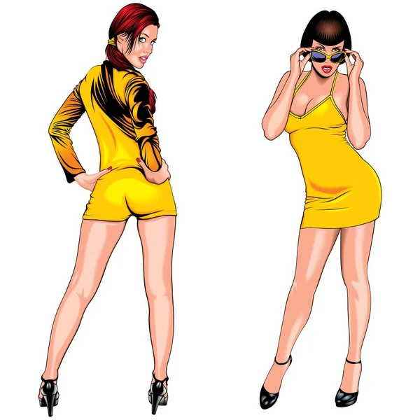 Vetor Bonito Modelo Feminino Personagem Vestido Amarelo —  Vetores de Stock