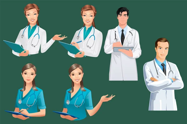 笑顔の医師 看護師や救急車のセット 聴診器と一様化した男女医療従事者の肖像 — ストックベクタ