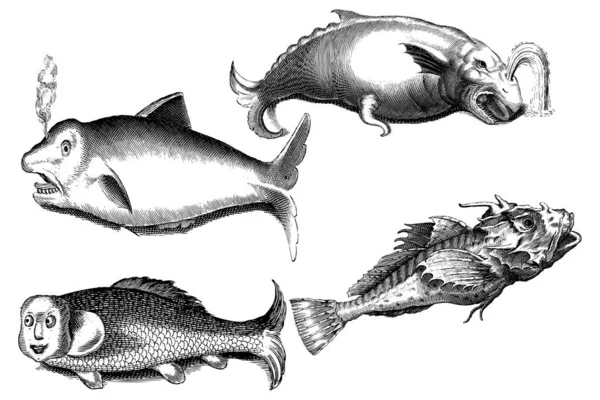 Ilustrasi Tangan Monster Ikan Kuno - Stok Vektor
