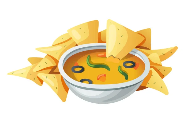 Nachos Chips Maíz Con Salsa Amarilla Vector Icono — Vector de stock