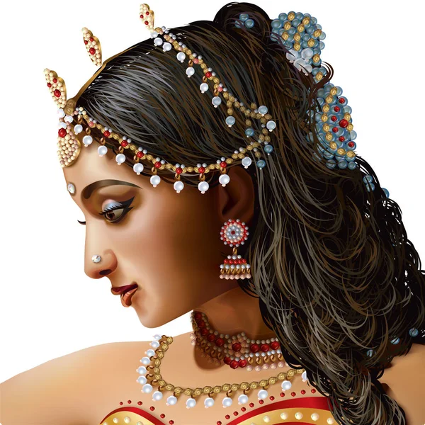 Vecteur Réaliste Visage Belle Femme Indienne Vue Côté — Image vectorielle