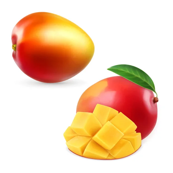 Vector Realista Mango Entero Mango Rodajas — Vector de stock