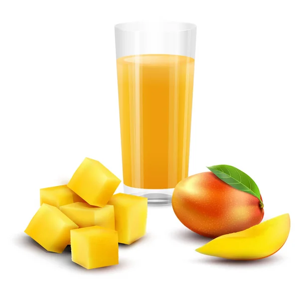 Vektor Realistische Mangofrüchte Und Mangosaft Isoliert Auf Weiß — Stockvektor