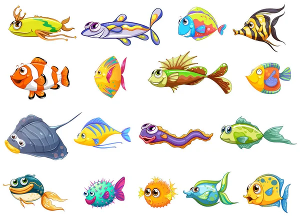 カラフルな装飾魚の漫画コレクションのベクトル図 — ストックベクタ