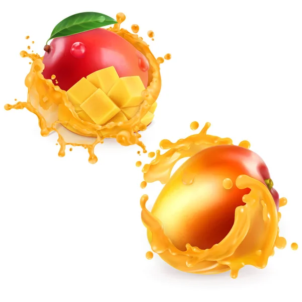 芒果和芒果汁飞溅病媒 — 图库矢量图片