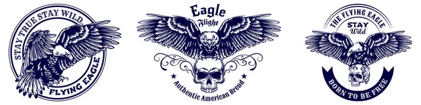 Monochrome Labels Eagle Skull Illustration Set — Stock Vector