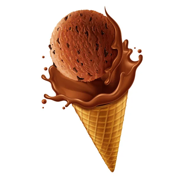 具有巧克力液体飞溅的现实经典巧克力冰淇淋病媒 — 图库矢量图片