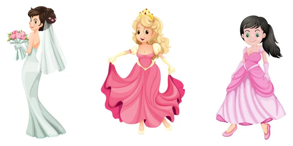 Vector Illustration Princess Different Beautiful Dresses — Stock Vector