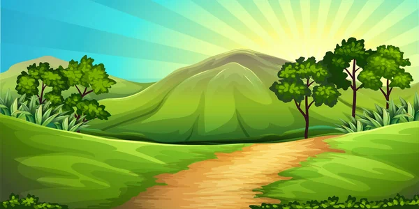 Illustration Vectorielle Paysage Montagne Verte Avec Lever Soleil — Image vectorielle