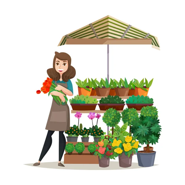Vetor Planta Ornamental Vendedor Mulher — Vetor de Stock