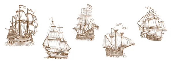 Dibujado Mano Barco Vela Retro Conjunto Ilustración Vector Aislado — Vector de stock
