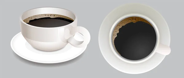Vektor Realistische Schwarze Kaffeetasse Seiten Und Draufsicht Isoliert — Stockvektor