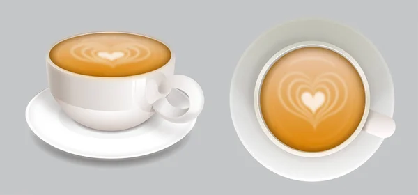 Beyaz kahve fincanı latte lale seti, 3D gerçekçi vektör stili. Üst ve yan görüş. Vektör izole edildi. Latte art barista