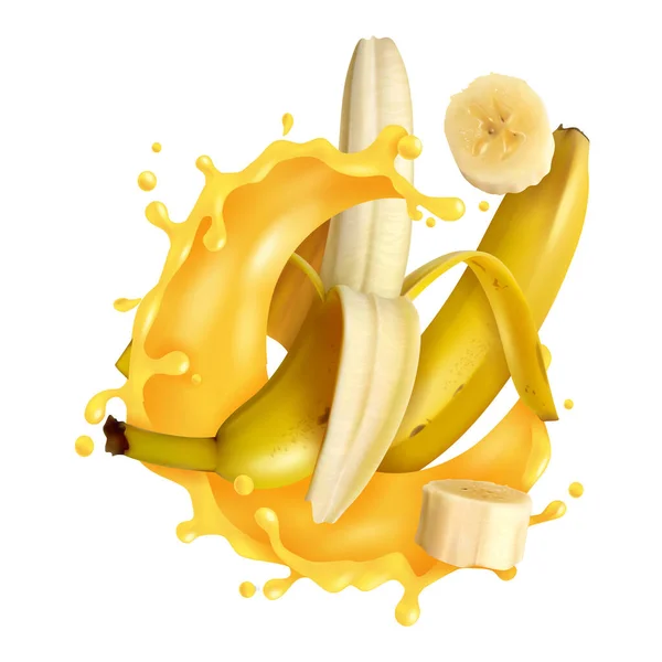 Realistisk Banan Juice Isolerad Stänk Banan Frukt Flytande Gul Vätska — Stock vektor