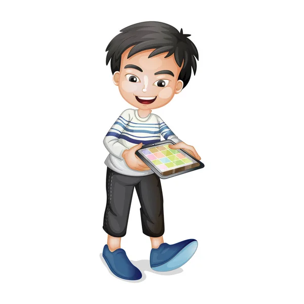 Διανυσματική Απεικόνιση Του Χαριτωμένο Παιδί Κινουμένων Σχεδίων Παίζει Gadget — Διανυσματικό Αρχείο
