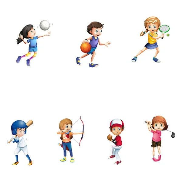 Εικονογράφηση Φορέα Κινουμένων Σχεδίων Παιδί Παίζει Γκολφ Μπάσκετ Βόλεϊ Τένις — Διανυσματικό Αρχείο