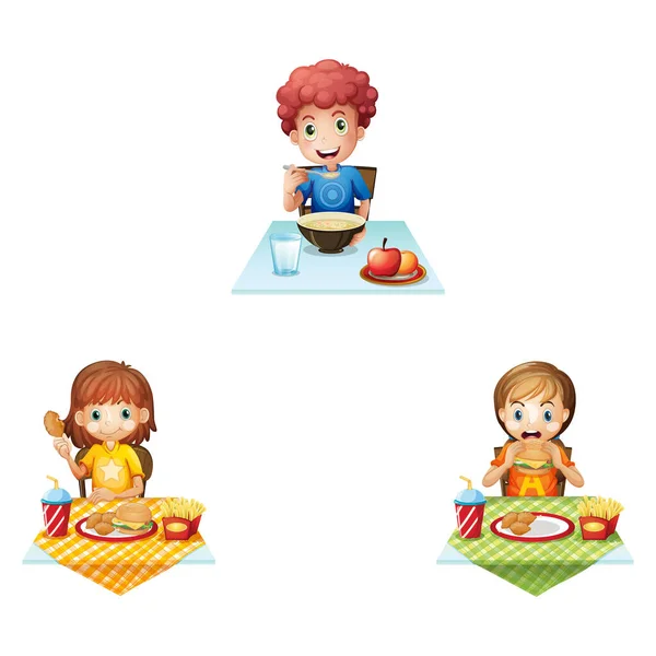 Ilustração Vetor Bonito Dos Desenhos Animados Grupo Crianças Comendo Mesa — Vetor de Stock