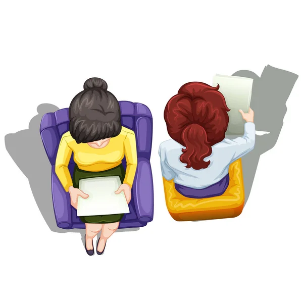 Vektor Illustration Von Vorn Und Von Hinten Sitzende Frau Beim — Stockvektor