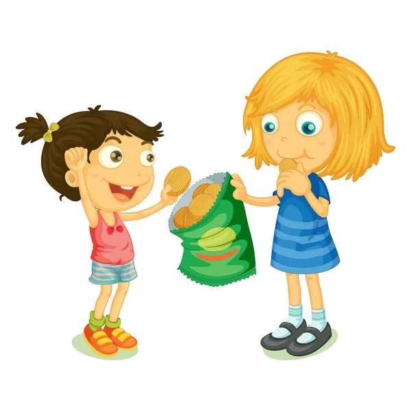 Illustrazione Vettoriale Degli Snack Condivisione Caratteri Bambini — Vettoriale Stock